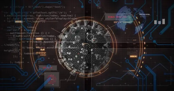 stock image Image of covid 19 cell with scope scanning and data processing. global covid 19 pandemic, digital interface, connection and communication concept digitally generated image.