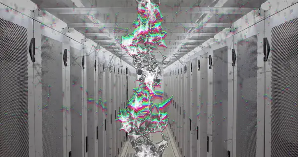Image of dna rotating over servers. data processing, science and technology concept digitally generated image.
