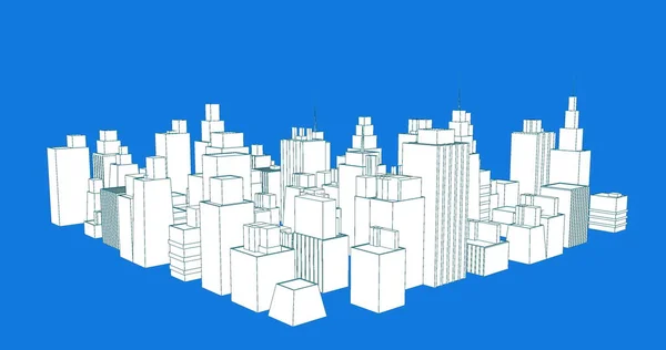 Digital image of white virtual buildings in a city in the blue screen