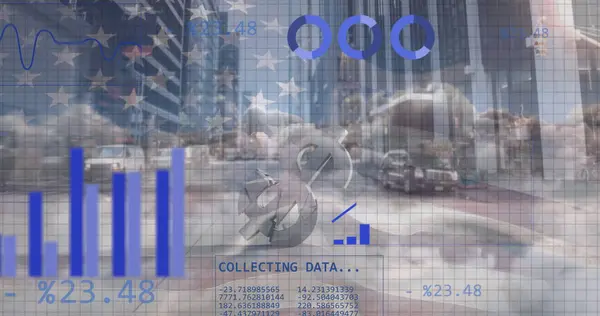 Image of statistics and data processing over cityscape and waving flag of United States. Business, communication, digital interface, finance and data processing concept digitally generated image.