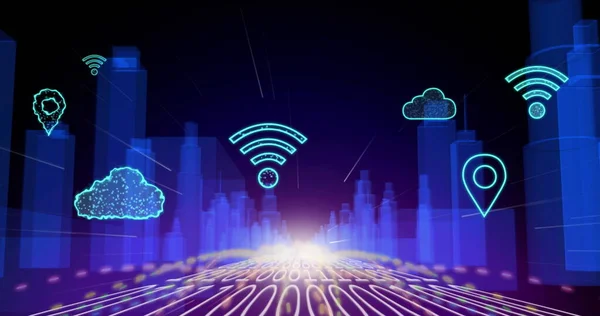Image of digital clouds and icons flying over cityscape and binary coding. Global cloud computing, connections and data processing concept digitally generated image.