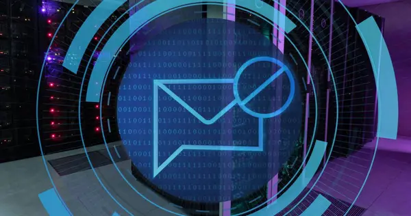 Image of email icon in circles over servers. Network, data security and digital safety concept digitally generated image.