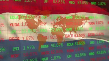Hollanda bayrağı üzerinde borsa ve dünya haritasının animasyonu. Küresel finansman, bilgisayar, vatanseverlik ve dijital arayüz kavramı dijital olarak oluşturulmuş video.