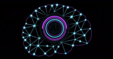 Siyah arkaplan üzerinde insan beyni ve ai metni animasyonu. Dijital olarak oluşturulmuş küresel yapay zeka, veri işleme, bilgisayar ve dijital arayüz kavramı.