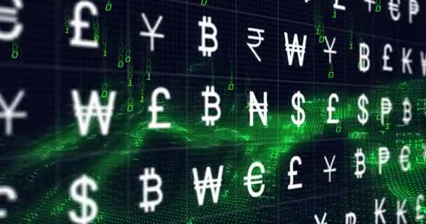 Animatie Van Valutasymbolen Financiële Gegevensverwerking Wereldwijd Financieel Bedrijfs Verbindings Computer — Stockvideo
