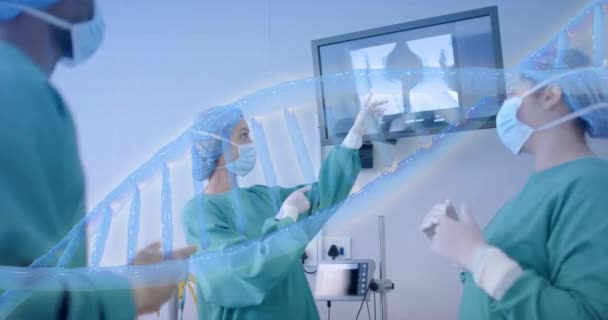 Animatie Van Dna Streng Diverse Chirurgen Het Ziekenhuis Global Medicine — Stockvideo