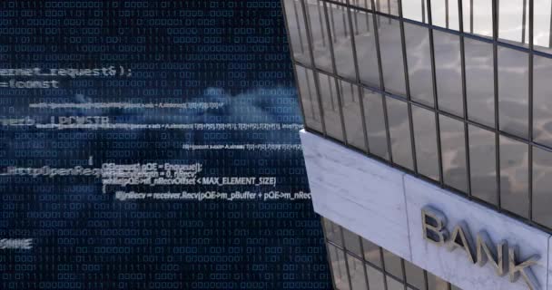バイナリコーディングのアニメーション 銀行ビルを介した金融データ処理 グローバルファイナンス ビジネス コネクション コンピューティング データ処理コンセプトデジタル生成ビデオ — ストック動画