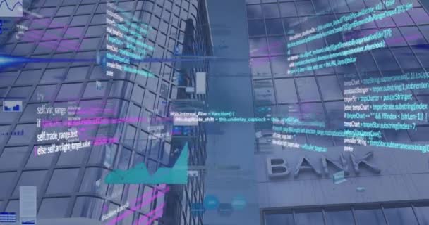 在银行大楼上激活金融数据处理 全球金融 计算和数据处理概念 — 图库视频影像