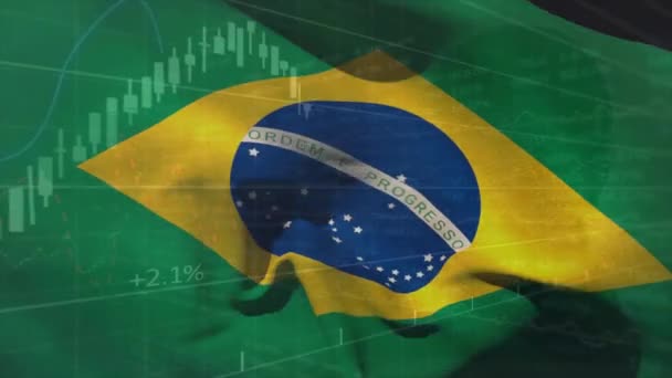 Animación Procesamiento Datos Financieros Sobre Bandera Brasil Negocios Globales Finanzas — Vídeos de Stock