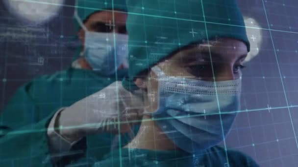 Animation Data Processing Diverse Male Female Surgeon Preparing Operation Data — Stock Video
