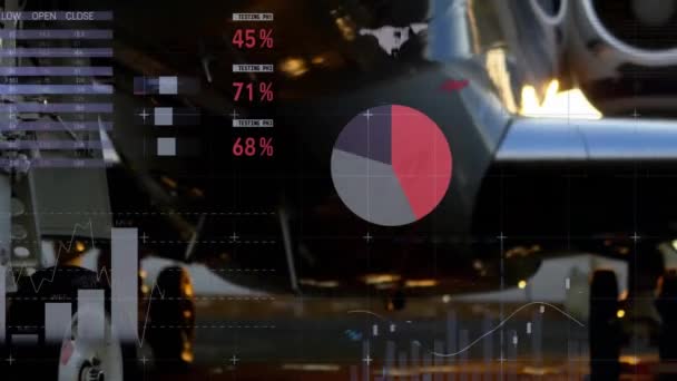 Animación Gráficos Que Procesan Datos Sobre Avión Reacción Pista Datos — Vídeos de Stock