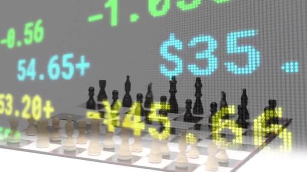 Animation Der Verarbeitung Von Finanzdaten Über Schachfiguren Bord Strategie Wettbewerb — Stockvideo