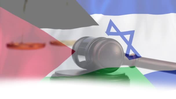 Animasi Bendera Palestine Dan Israel Atas Gavel Keadilan Pengadilan Dan — Stok Video