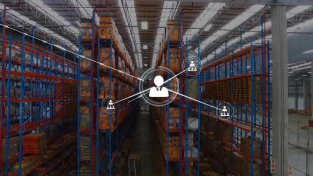 倉庫の棚の商品の上に人々のアイコンのネットワークのアニメーション ネットワーク ビジネス 船積み データ デジタル インターフェイスおよびグローバル通信 デジタル生成されたビデオ — ストック動画