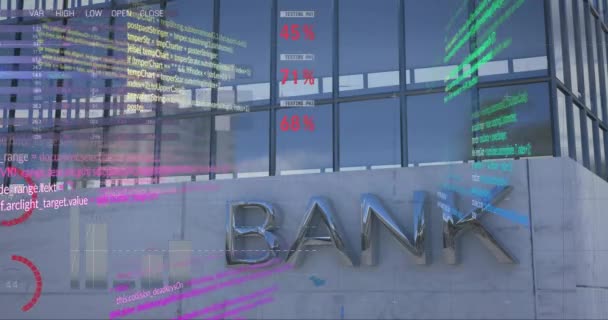 Анимация Обработки Финансовых Данных Над Зданием Банка Мировые Финансы Бизнес — стоковое видео