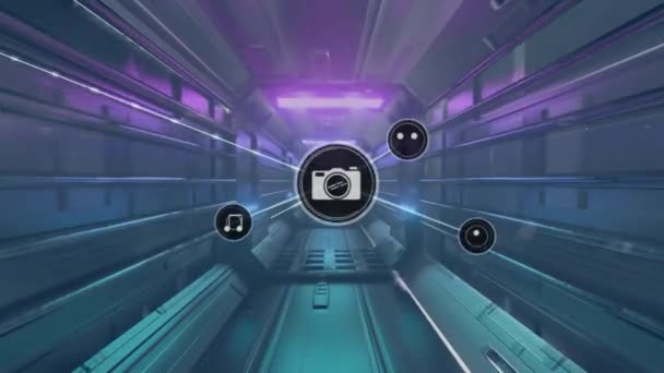 Animacja Sieci Połączeń Ikonami Tle Tunelu Neonowego Koncepcja Globalnych Połączeń — Wideo stockowe