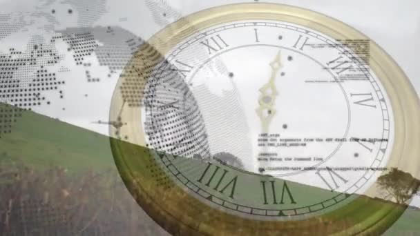 Animacja Szybko Poruszających Się Rąk Zegarze Nad Globem Turbiną Wiatrową — Wideo stockowe
