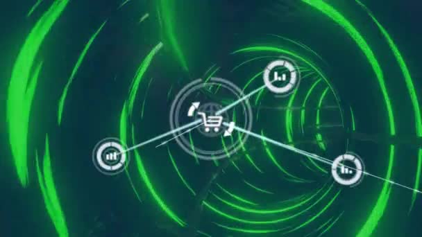 Animacja Sieci Połączeń Ikonami Tle Tunelu Neonowego Koncepcja Globalnych Połączeń — Wideo stockowe