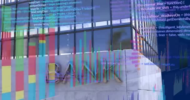 Animacja Przetwarzania Danych Finansowych Nad Budynkiem Banku Globalne Finanse Biznes — Wideo stockowe