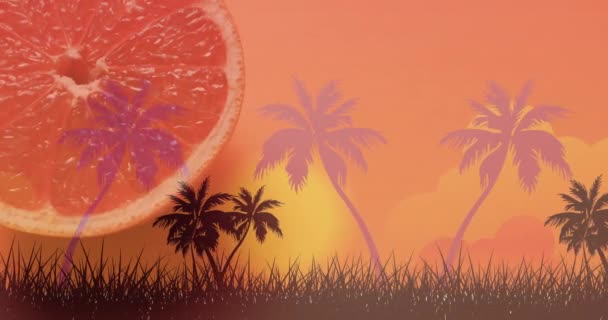 Složení Půleného Grapefruitu Palmách Pozadí Západu Slunce Čerstvé Ovoce Zdravé — Stock video