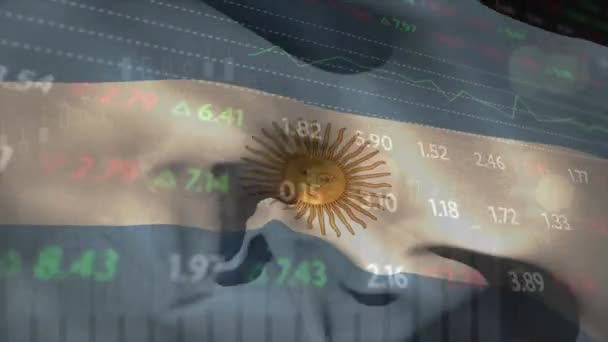 Анимация Обработки Финансовых Данных Над Флагом Аргентины Глобальный Бизнес Финансы — стоковое видео
