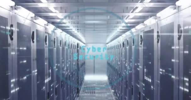 Animatie Van Cyber Security Tekst Biometrische Scanner Verwerking Oog Serverruimte — Stockvideo