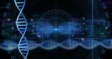 Siyah arkaplan üzerinde veri işleme ile dönen DNA ipliği resmi. Küresel bilim, araştırma ve veri işleme kavramı dijital olarak oluşturulmuş görüntü.