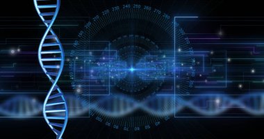 Siyah arkaplan üzerinde veri işleme ile dönen DNA ipliği resmi. Küresel bilim, araştırma ve veri işleme kavramı dijital olarak oluşturulmuş görüntü.