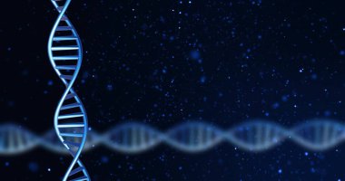 Siyah arkaplan üzerinde fotokopi uzayıyla dönen DNA iplikçiklerinin resmi. Küresel bilim, araştırma ve veri işleme kavramı dijital olarak oluşturulmuş görüntü.