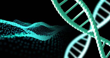 Siyah arkaplan üzerinde fotokopi uzayıyla dönen DNA iplikçiklerinin resmi. Küresel bilim, araştırma ve veri işleme kavramı dijital olarak oluşturulmuş görüntü.