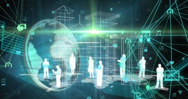 Dünya üzerindeki simgelerle ve insanların siluetleriyle bağlantılı bir ağ görüntüsü. dijital arayüz, küresel bağlantı ve dijital olarak oluşturulmuş görüntü konsepti.