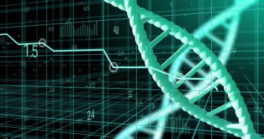 Siyah arkaplan üzerinde veri işleme ile dönen DNA iplikçiklerinin resmi. Küresel bilim, araştırma ve veri işleme kavramı dijital olarak oluşturulmuş görüntü.