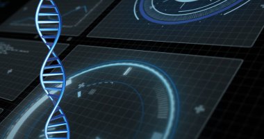 Siyah arkaplan üzerinde veri işleme ile dönen DNA ipliği resmi. Küresel bilim, araştırma ve veri işleme kavramı dijital olarak oluşturulmuş görüntü.