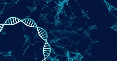 Karanlık arka planda parlayan ışık izleriyle dönen DNA iplikçiklerinin görüntüsü. Küresel bilim, araştırma ve veri işleme kavramı dijital olarak oluşturulmuş görüntü.