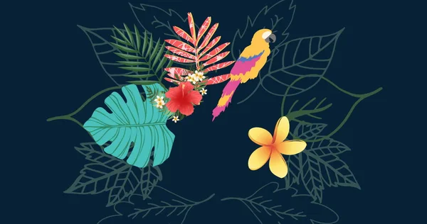 热带树叶和鹦鹉在深蓝色背景上的图像 可持续性 可再生能源 全球变暖和气候变化意识 — 图库照片