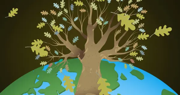 Image of leaves and tree over globe. environment, sustainability, ecology, renewable energy, global warming and climate change awareness.