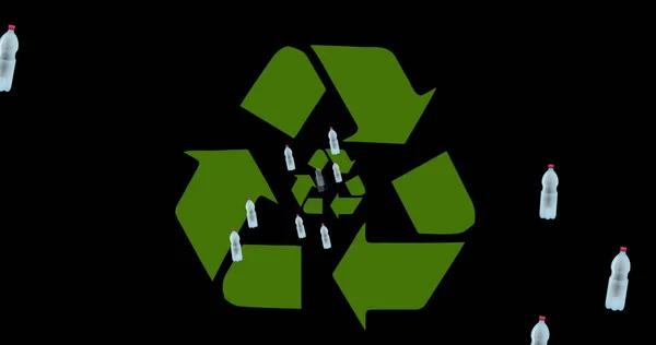 黒い背景にボトルとリサイクルシンボルのイメージ 持続可能性 エコロジー 再生可能エネルギー 地球温暖化 気候変動に対する意識 — ストック写真