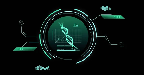 stock image Image of dna strand and scientific data processing over black background. Global science, computing and data processing concept digitally generated image.