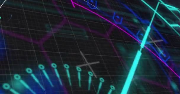 Siyah Arkaplandaki Işık Yollarının Üzerindeki Şekillerle Taramaların Animasyonu Küresel Teknoloji — Stok video