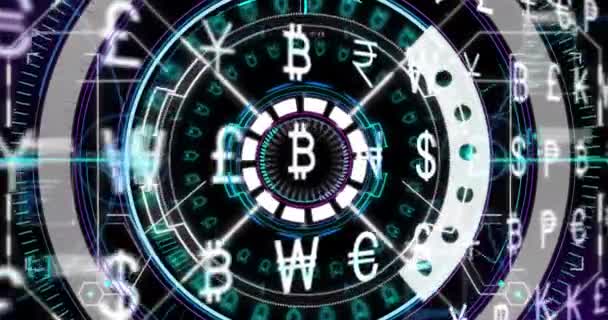 Animatie Van Valuta Symbolen Scope Scanning Zwarte Achtergrond Global Technology — Stockvideo