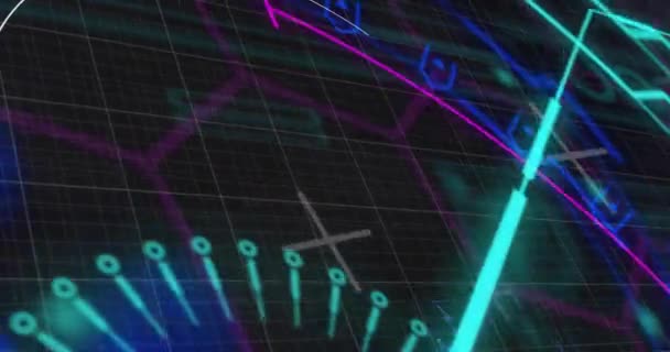 Siyah Arkaplandaki Işık Yollarının Üzerindeki Şekillerle Taramaların Animasyonu Küresel Teknoloji — Stok video