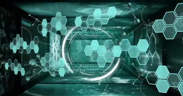 ブラックバックグラウンドでのスキャンでデータ処理に関する六角形と分子のアニメーション グローバルテクノロジー サイエンス コンピューティング デジタルインターフェースのコンセプトデジタル生成ビデオ — ストック動画