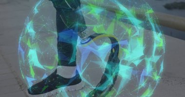 Parlayan küresel ağın, koşan bıçağıyla dönen erkek sporcunun görüntüsü. spor, başarı ve iletişim teknolojisi konsepti, dijital olarak üretilen görüntü.