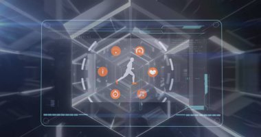 Dijital atlet üzerinden simgelerin ve tarayıcıların veri işleme görüntüsü. spor, fitness ve teknoloji konsepti, dijital olarak üretilen görüntü.