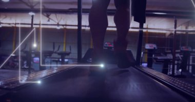 Koşu bandındaki atlet üzerinden ağ işleme verilerinin görüntüsü. spor, fitness ve teknoloji konsepti, dijital olarak üretilen görüntü.