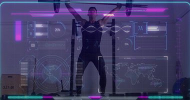 Halter kaldıran adamın arayüz işleme verilerinin görüntüsü. spor, fitness ve teknoloji konsepti, dijital olarak üretilen görüntü.