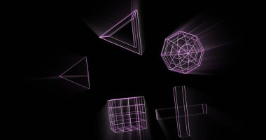 Siyah arkaplanda parlayan 3D şekillerin resmi. Küresel sanal gerçeklik, veri işleme, hesaplama ve dijital arayüz kavramı dijital olarak oluşturuldu.