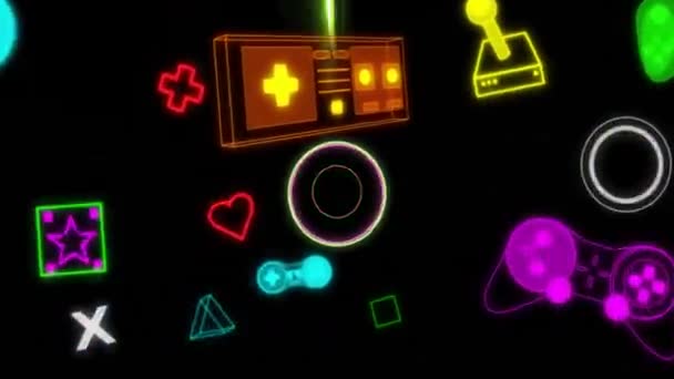 在黑色背景上动画霓虹灯视频游戏图标 全球视频游戏 数字接口 计算和数据处理概念 — 图库视频影像