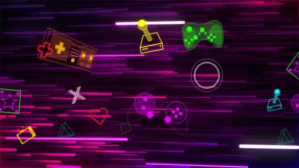 Animation Neon Videospel Ikoner Svart Bakgrund Globalt Videospel Digitalt Gränssnitt — Stockvideo