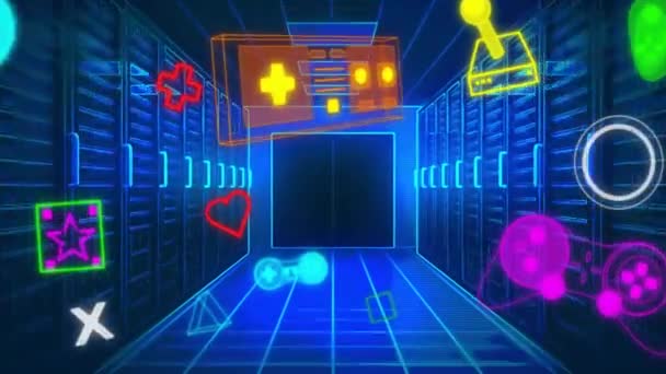 Animation Neon Videospel Ikoner Över Neon Tunnel Svart Bakgrund Globalt — Stockvideo